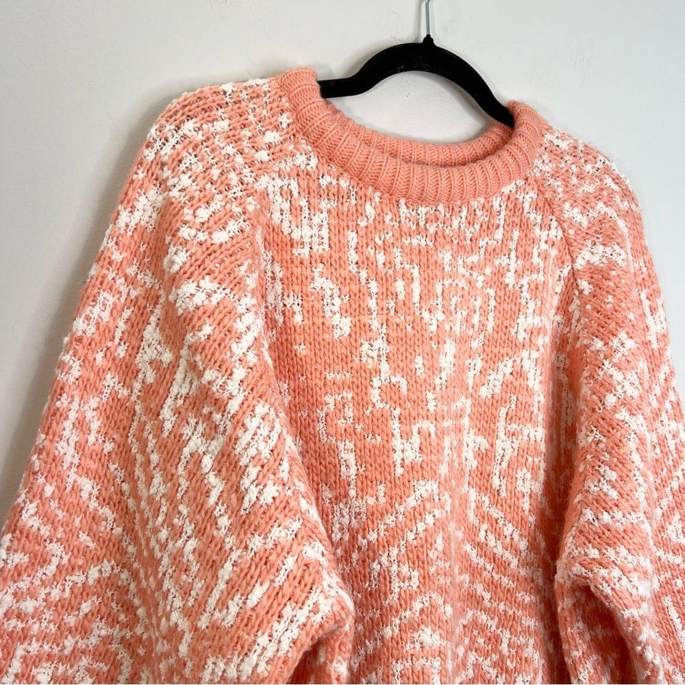 Vintage coral white chunky knit oversized crew neck pullover sweater L