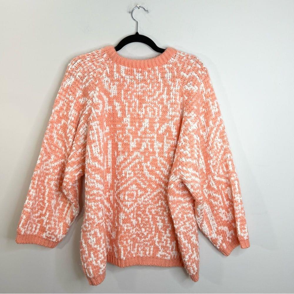 Vintage coral white chunky knit oversized crew neck pullover sweater L