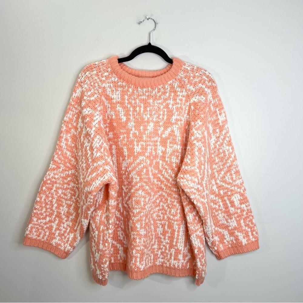 Vintage coral white chunky knit oversized crew neck pullover sweater L