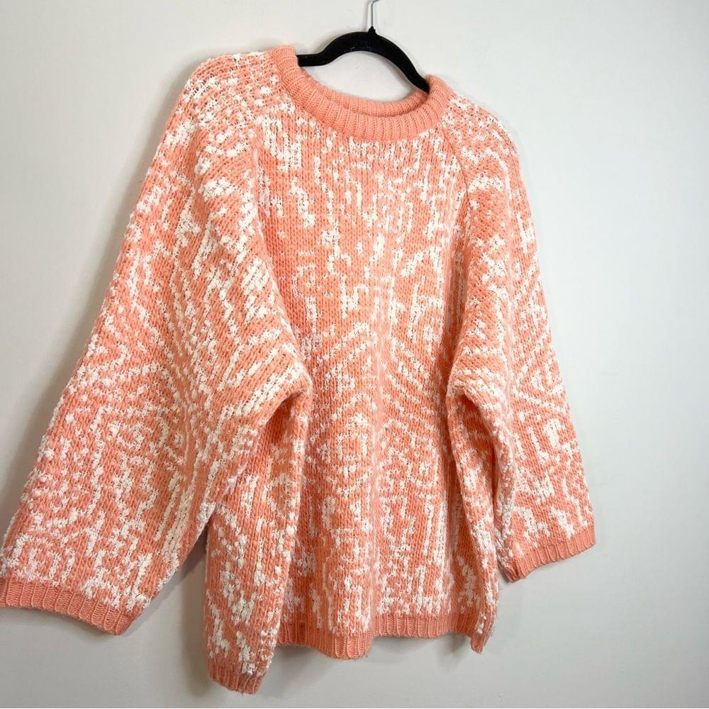 Vintage coral white chunky knit oversized crew neck pullover sweater L