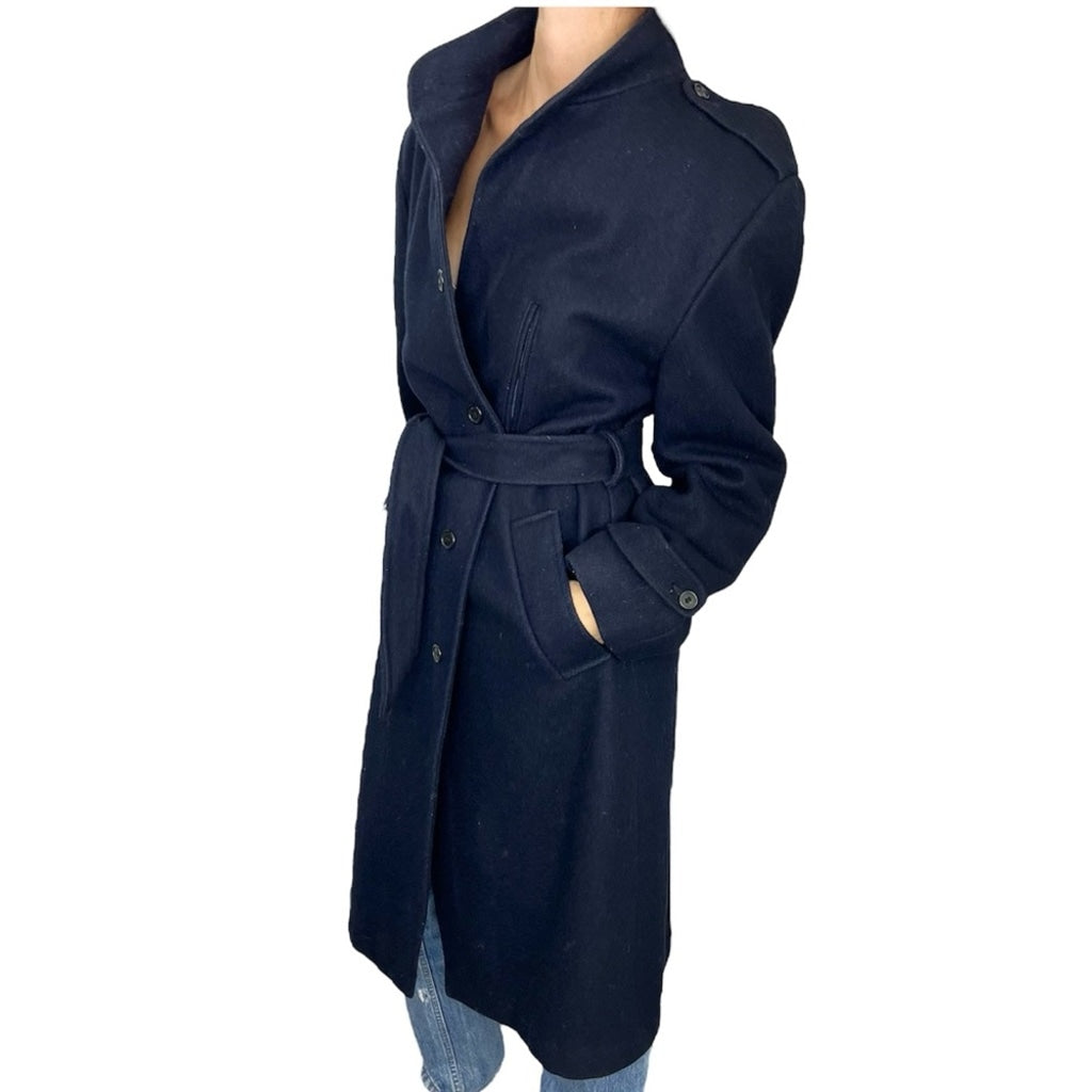 Vintage Creations Dash Canada dark blue belted wool trench coat 42