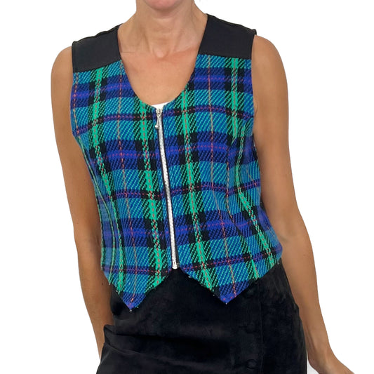 Vintage SMW blue green plaid full zip vest M