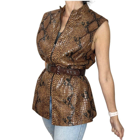 Vintage Farouche coated brown tan animal snake print full zip vest 10