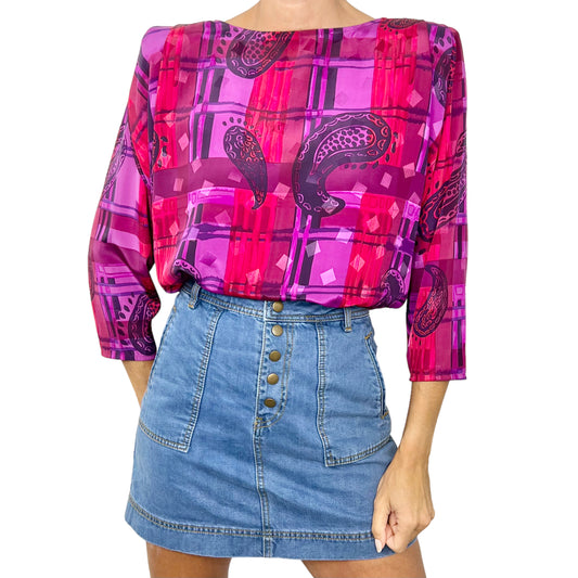 Vintage magenta purple paisley check blouse 9-10