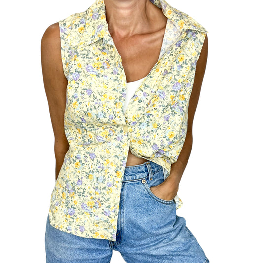 Vintage sleeveless yellow floral button up blouse top