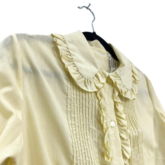 Vintage Clever Mates pale yellow ruffle front long sleeve blouse 9/10