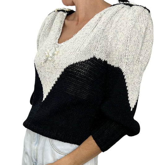 Vintage 80s jewelled black white metallic silver knit v neck sweater