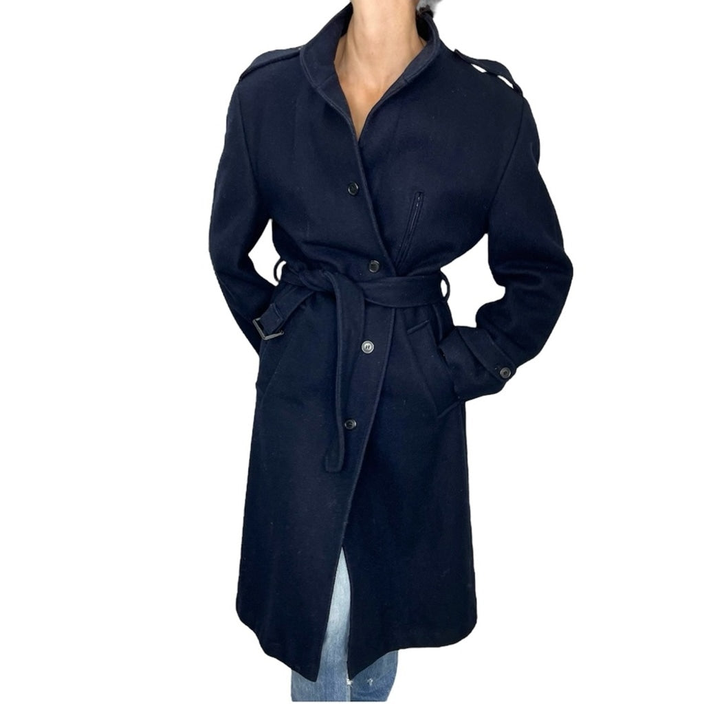 Vintage Creations Dash Canada dark blue belted wool trench coat 42