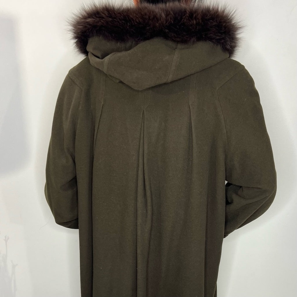 Vintage HOLT Renfrew wool cashmere fur green hooded union made over coat 14